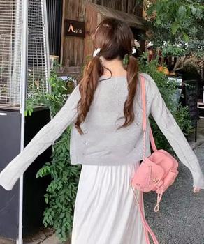 透かし編みニットカーディガンクロップド丈 送料無料 即日発送-4