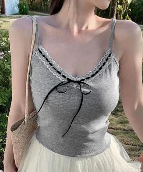 カップ付きキャミソールレーストリムキャミ　レディース フロントリボンリブキャミ　カップ付きリブ編みキャミソール 送料無料 即日発送-5