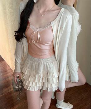 カップ付きキャミソールレーストリムキャミ　レディース フロントリボンリブキャミ　カップ付きリブ編みキャミソール 送料無料 即日発送-6