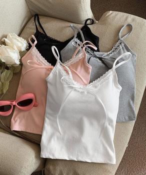 カップ付きキャミソールレーストリムキャミ　レディース フロントリボンリブキャミ　カップ付きリブ編みキャミソール 送料無料 即日発送-7