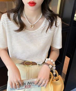 ボーダー柄Tシャツ Vネックカットソー夏 送料無料 即日発送-3