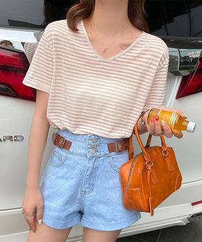 ボーダー柄Tシャツ Vネックカットソー夏 送料無料 即日発送-4