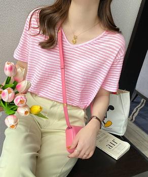 ボーダー柄Tシャツ Vネックカットソー夏 送料無料 即日発送-5