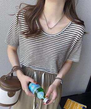 ボーダー柄Tシャツ Vネックカットソー夏 送料無料 即日発送-6