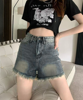 ウォッシュデニムショートパンツレディース　裾フリンジデニムショーパン 美脚脚長ジーパン 送料無料 即日発送-0