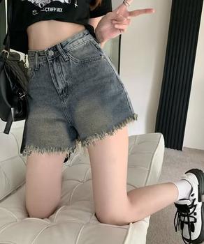 ウォッシュデニムショートパンツレディース　裾フリンジデニムショーパン 美脚脚長ジーパン 送料無料 即日発送-1
