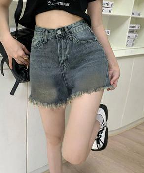 ウォッシュデニムショートパンツレディース　裾フリンジデニムショーパン 美脚脚長ジーパン 送料無料 即日発送-2