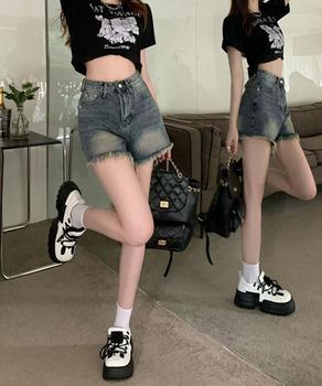 ウォッシュデニムショートパンツレディース　裾フリンジデニムショーパン 美脚脚長ジーパン 送料無料 即日発送-3