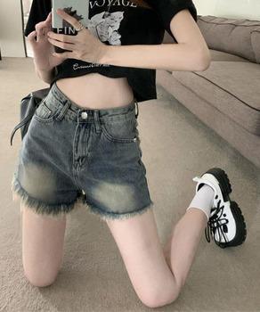 ウォッシュデニムショートパンツレディース　裾フリンジデニムショーパン 美脚脚長ジーパン 送料無料 即日発送-4