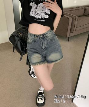 ウォッシュデニムショートパンツレディース　裾フリンジデニムショーパン 美脚脚長ジーパン 送料無料 即日発送-5