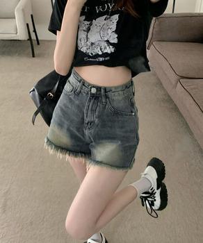 ウォッシュデニムショートパンツレディース　裾フリンジデニムショーパン 美脚脚長ジーパン 送料無料 即日発送-6