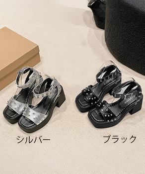 スタッズ 厚底サンダル チャンキーヒール 送料無料 即日発送-1