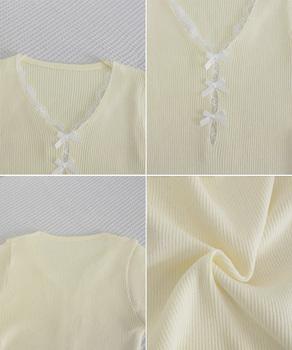 リボンレース付きリブニット Vネック夏服 送料無料 即日発送-9