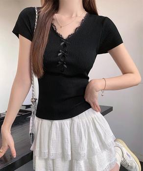 リボンレース付きリブニット Vネック夏服 送料無料 即日発送-2