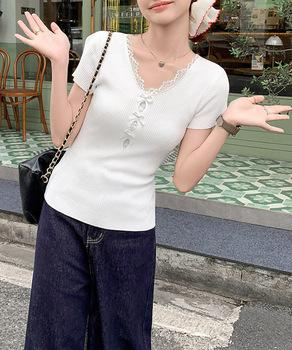 リボンレース付きリブニット Vネック夏服 送料無料 即日発送-3