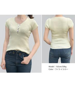 リボンレース付きリブニット Vネック夏服 送料無料 即日発送-7