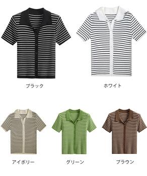 ボーダー柄ニットポロシャツレディース半袖 送料無料 即日発送-1