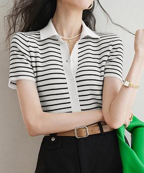 ボーダー柄ニットポロシャツレディース半袖 送料無料 即日発送-3