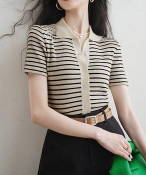 ボーダー柄ニットポロシャツレディース半袖 送料無料 即日発送-4