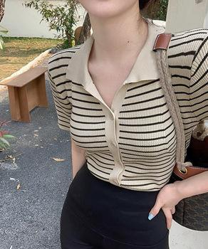 ボーダー柄ニットポロシャツレディース半袖 送料無料 即日発送-5