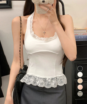 裾フリルレースホルターネックタンクトップ 送料無料 即日発送-0