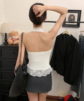 裾フリルレースホルターネックタンクトップ 送料無料 即日発送-4