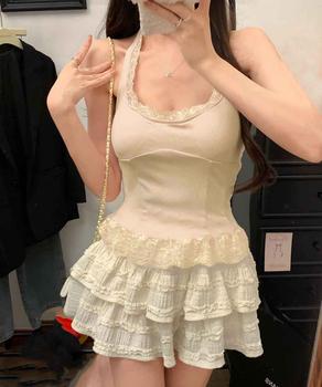 裾フリルレースホルターネックタンクトップ 送料無料 即日発送-5