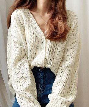 透かし編みニットカーディガンパールボタン 送料無料 即日発送-2