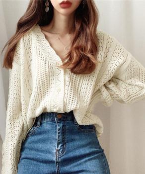 透かし編みニットカーディガンパールボタン 送料無料 即日発送-3