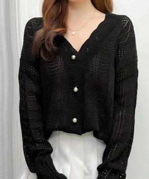 透かし編みニットカーディガンパールボタン 送料無料 即日発送-4