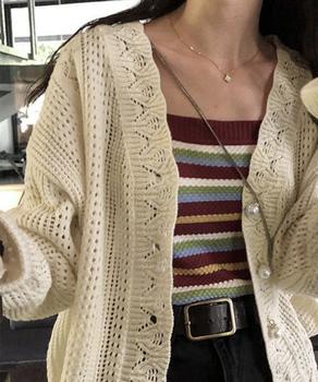 透かし編みニットカーディガンパールボタン 送料無料 即日発送-5