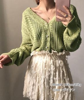 透かし編みニットカーディガンパールボタン 送料無料 即日発送-6