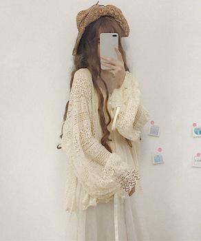 透かし編み レースカーディガン リボン袖 送料無料 即日発送-2