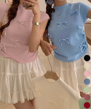 リボン付きリブニット プチハイネック夏服 送料無料 即日発送-0