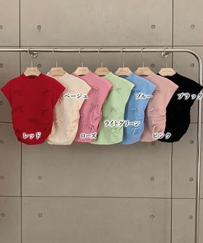 リボン付きリブニット プチハイネック夏服 送料無料 即日発送-1