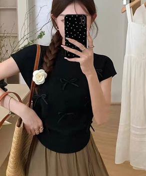 リボン付きリブニット プチハイネック夏服 送料無料 即日発送-2