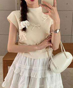 リボン付きリブニット プチハイネック夏服 送料無料 即日発送-3