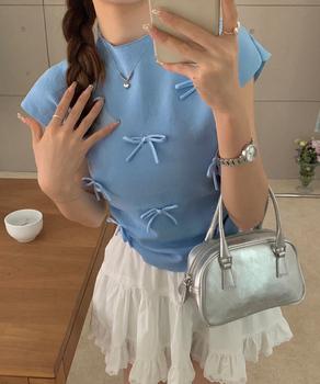 リボン付きリブニット プチハイネック夏服 送料無料 即日発送-4