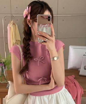 リボン付きリブニット プチハイネック夏服 送料無料 即日発送-6