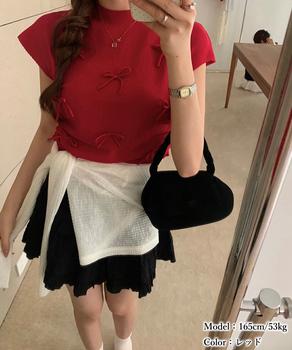 リボン付きリブニット プチハイネック夏服 送料無料 即日発送-7
