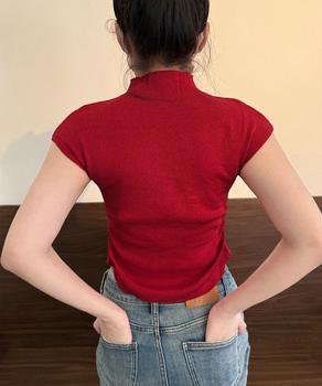 リボン付きリブニット プチハイネック夏服 送料無料 即日発送-8