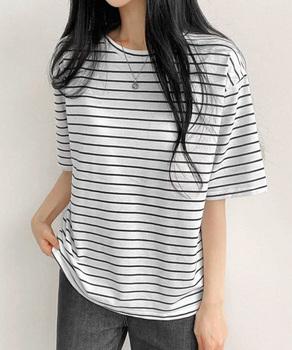 ボーダー柄Tシャツ レディース 半袖夏服　ラウンドネック 配色ボーダー半袖 ロングTシャツ 送料無料 即日発送-2
