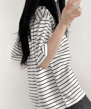 ボーダー柄Tシャツ レディース 半袖夏服　ラウンドネック 配色ボーダー半袖 ロングTシャツ 送料無料 即日発送-3