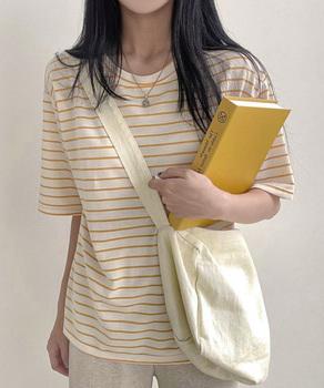 ボーダー柄Tシャツ レディース 半袖夏服　ラウンドネック 配色ボーダー半袖 ロングTシャツ 送料無料 即日発送-5