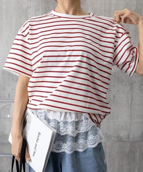 ボーダー柄Tシャツ レディース 半袖夏服　ラウンドネック 配色ボーダー半袖 ロングTシャツ 送料無料 即日発送-7