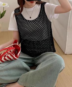 透かし編みニットベスト 重ね着ニットジレ 送料無料 即日発送-2