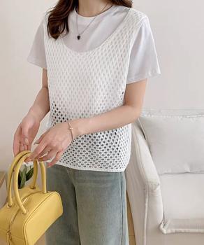 透かし編みニットベスト 重ね着ニットジレ 送料無料 即日発送-3