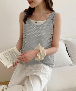 透かし編みニットベスト 重ね着ニットジレ 送料無料 即日発送-5