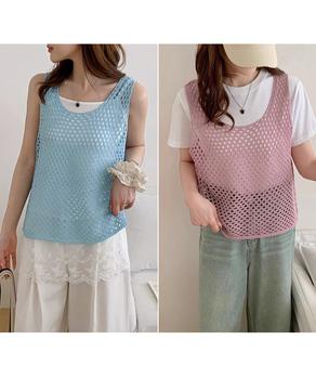 透かし編みニットベスト 重ね着ニットジレ 送料無料 即日発送-6