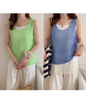 透かし編みニットベスト 重ね着ニットジレ 送料無料 即日発送-7